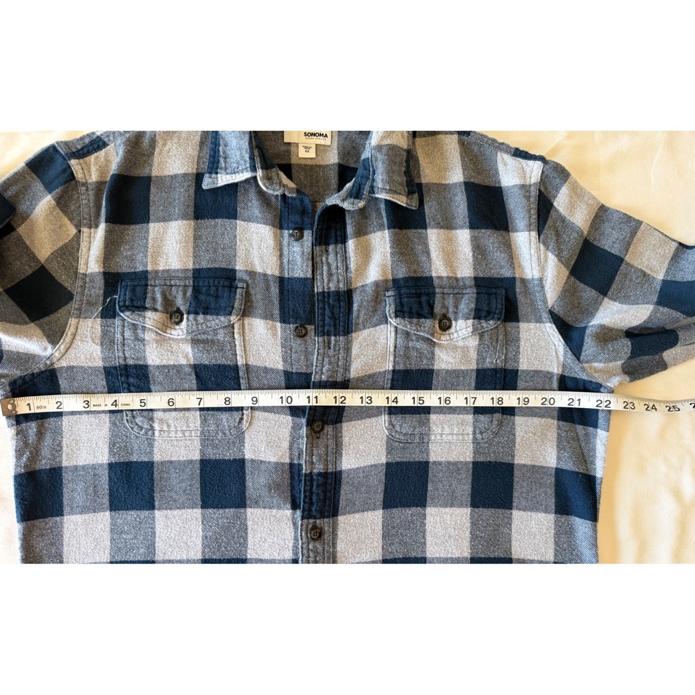 Sonoma Mens Flannel Shirt Medium Blue Grey Buffalo Plaid Long Sleeve Button Down - Picture 5 of 7